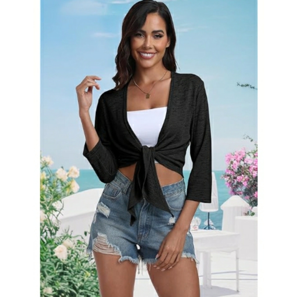 Tie Front Shrug 3/4 Sleeve Bolero Cardigan Casual Top Black
